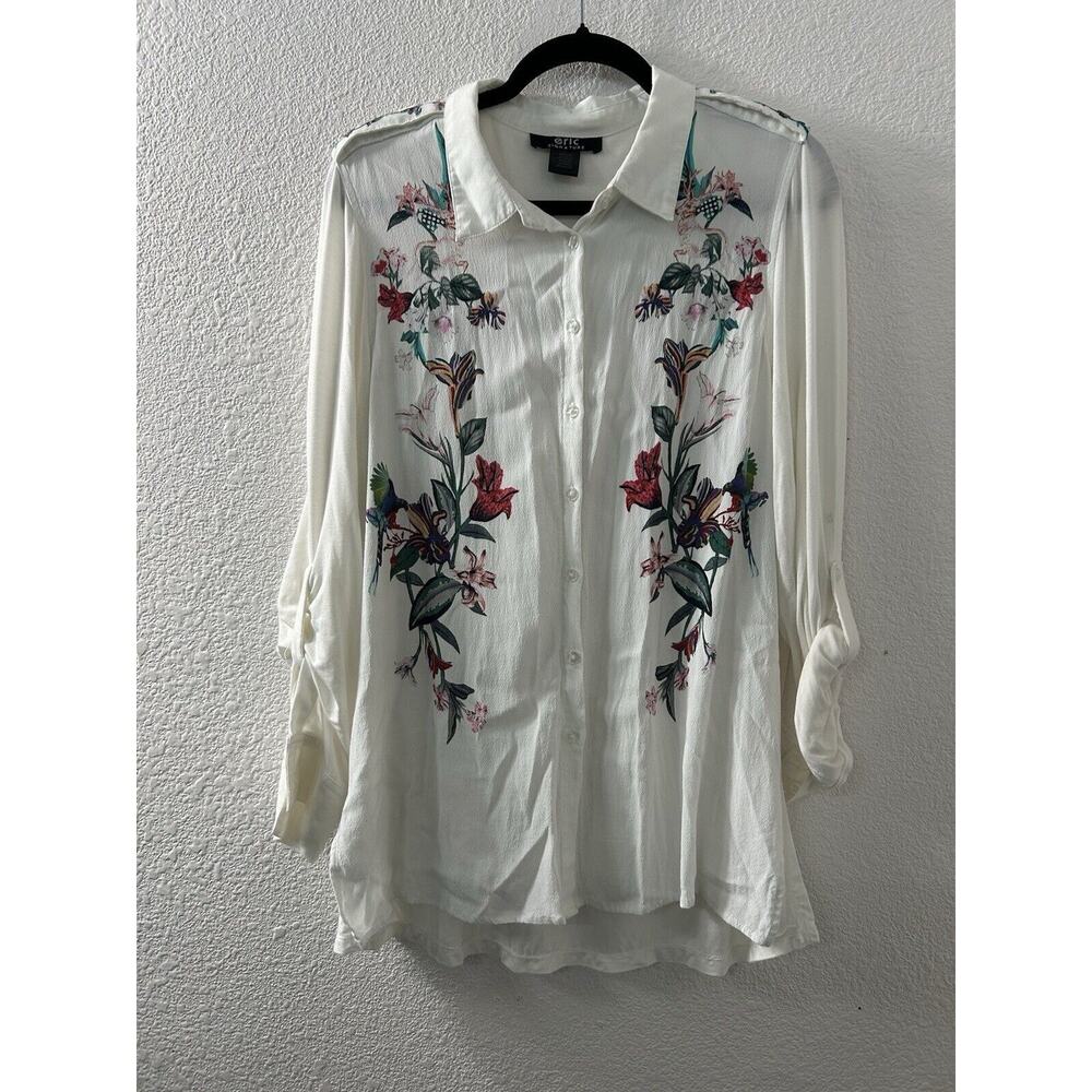 Eric Signature Womens Sz L‎ Floral Bird Button Roll Tab Shirt Bloomcore Bohemian
